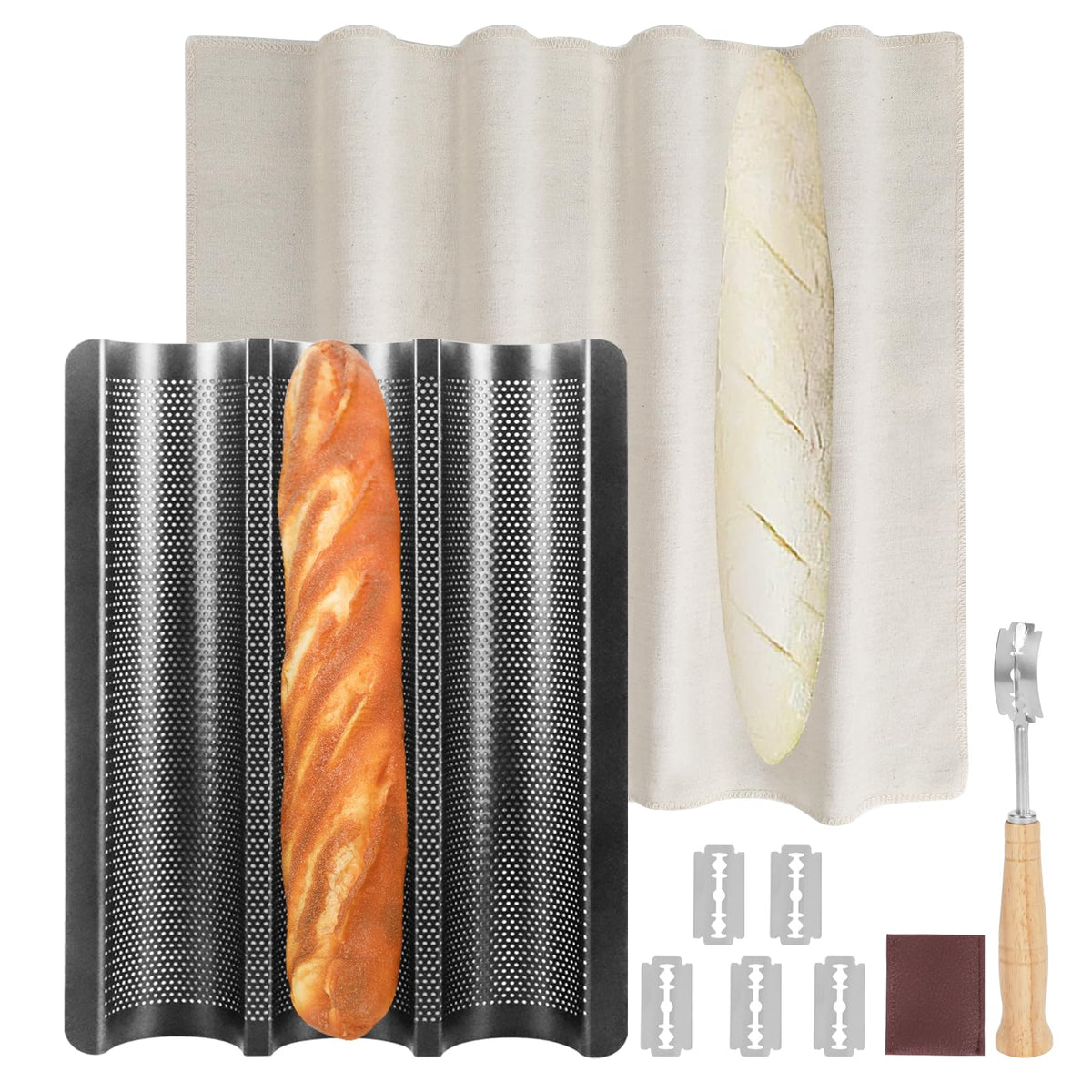 Barlket baguette pan with three loaves, ensuring even bake and crust development