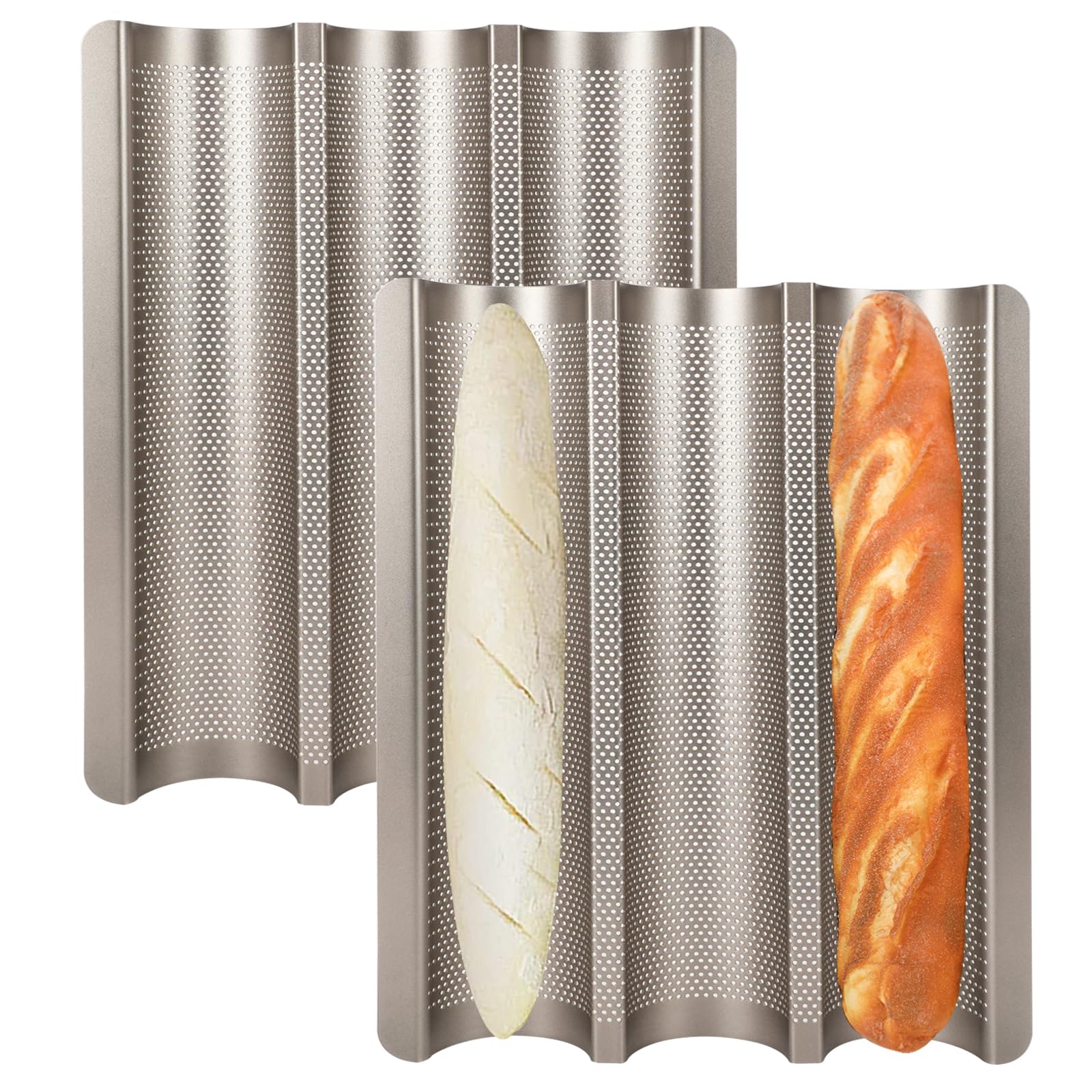 Barlket 3-slot baguette pan front view shows even heat for crusty baguettes.