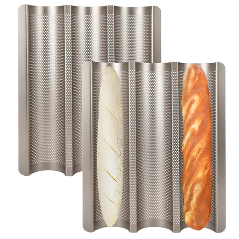 Barlket 3-slot baguette pan front view shows even heat for crusty baguettes.