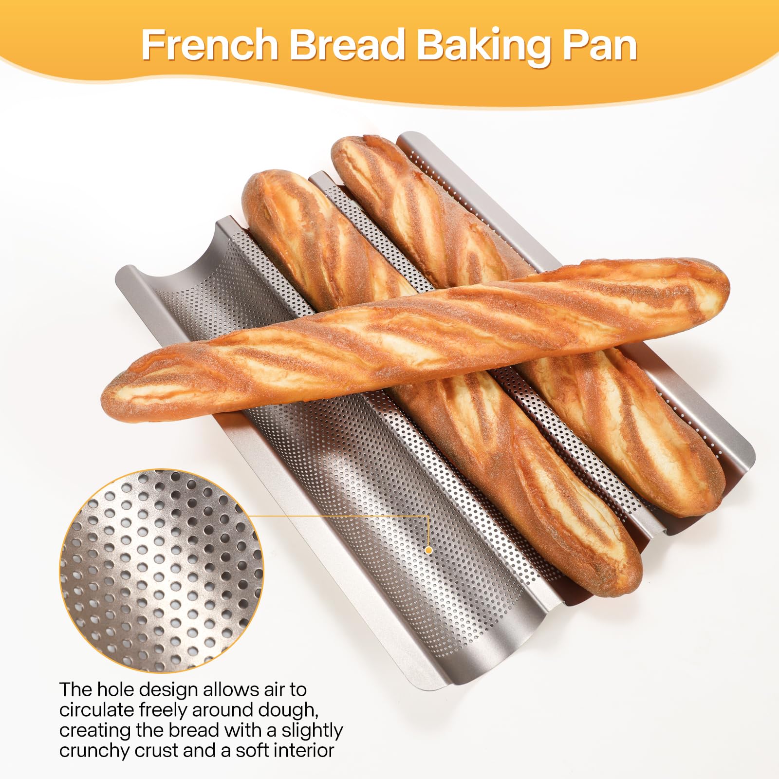 Barlket baguette pan top view highlights perforations for balanced baking and crust.