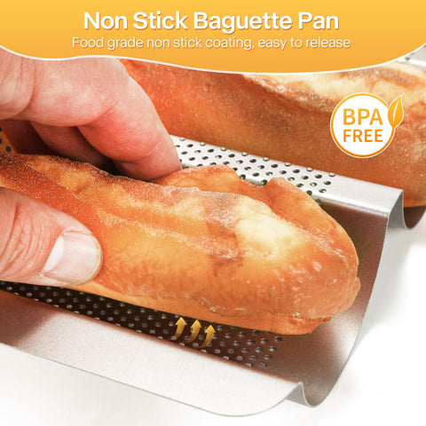Barlket baguette pan heavy-duty steel construction resists bending during baking.