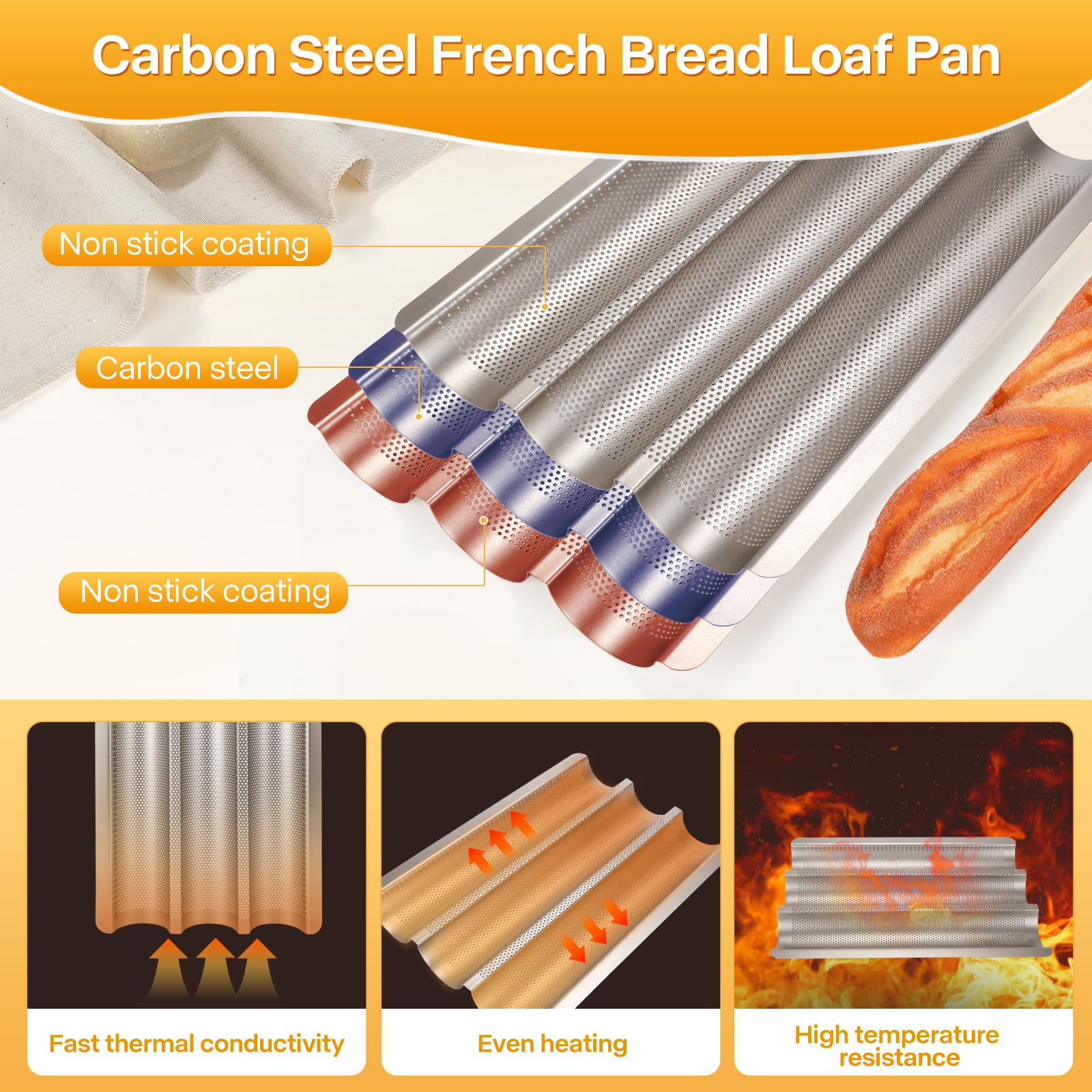 Barlket baguette pan nonstick coating close-up eases release and cleanup.