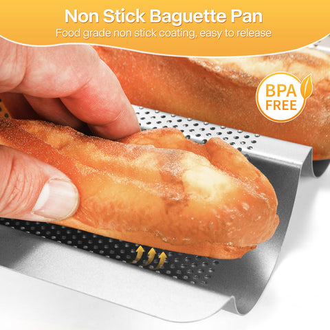 Barlket baguette pan perforations closeup highlighting air circulation for a crispy crust