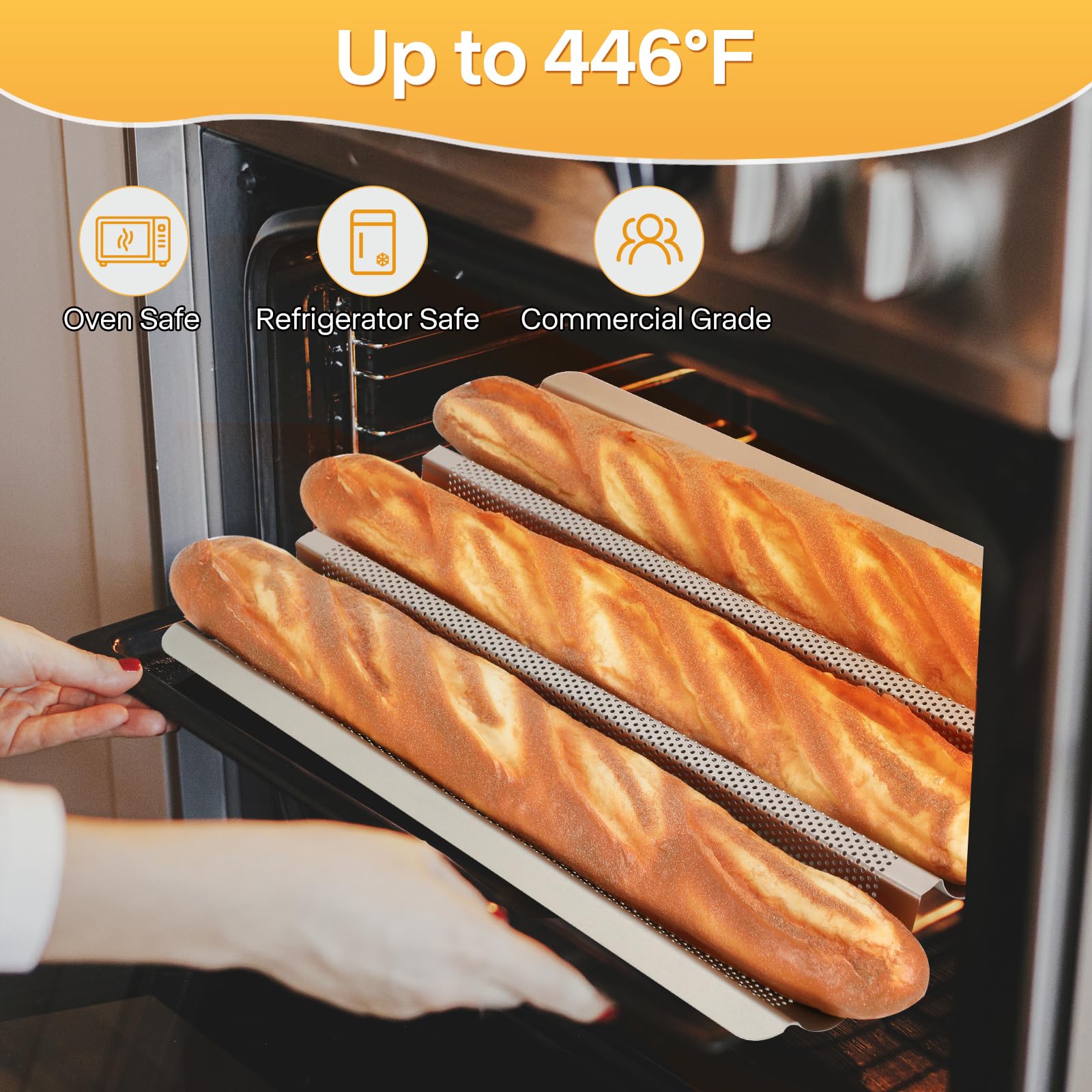 Barlket baguette pan rounded corners protect hands during handling.
