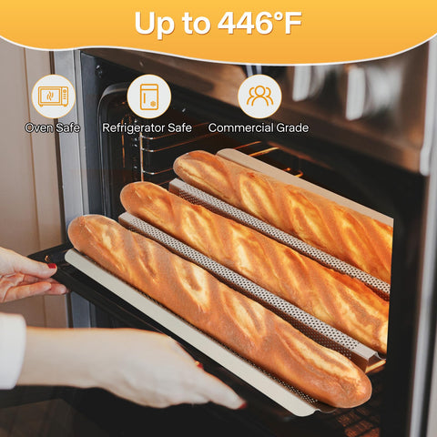Barlket baguette pan rounded corners protect hands during handling.