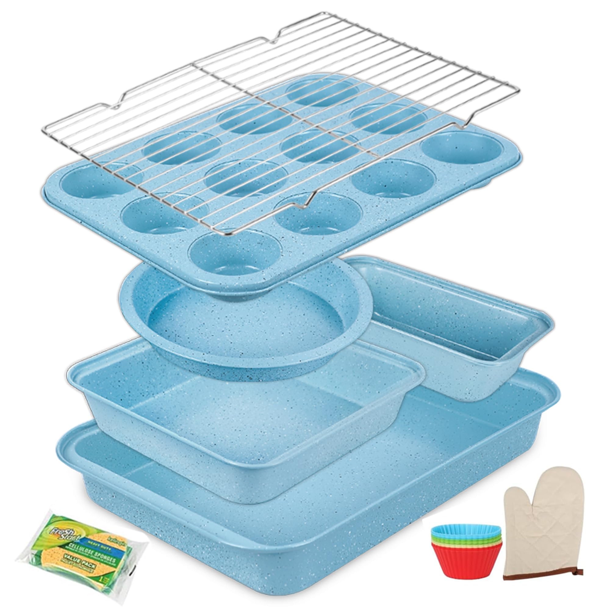 Barlket Blue Bakeware 9x13 pan with nonstick coating for easy release and even browning.