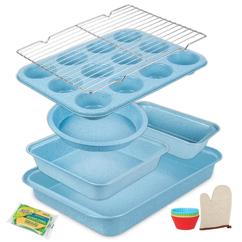 Barlket Blue Bakeware 9x13 pan with nonstick coating for easy release and even browning.