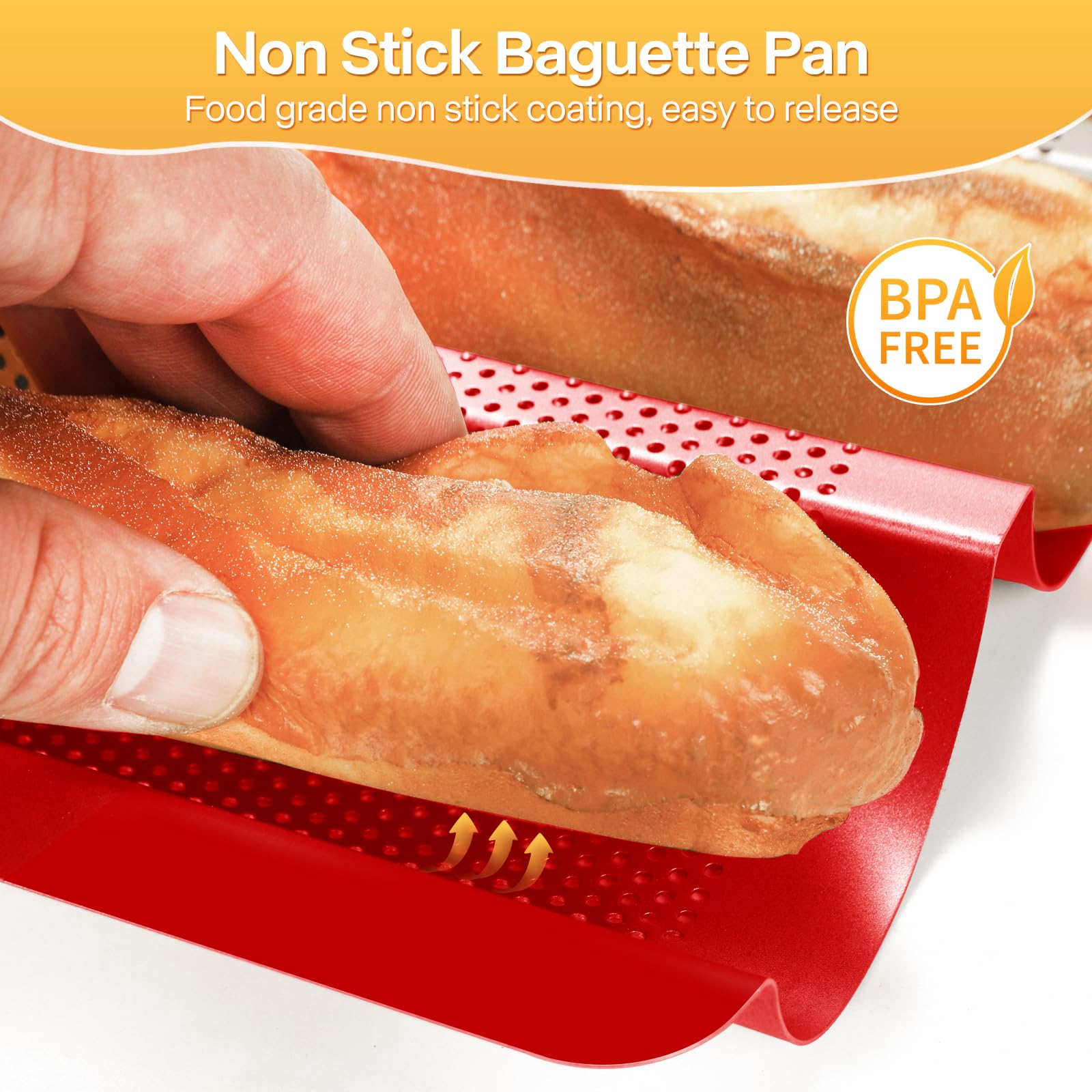 Barlket perforated baguette pan red bottom perforations promoting airflow for even browning