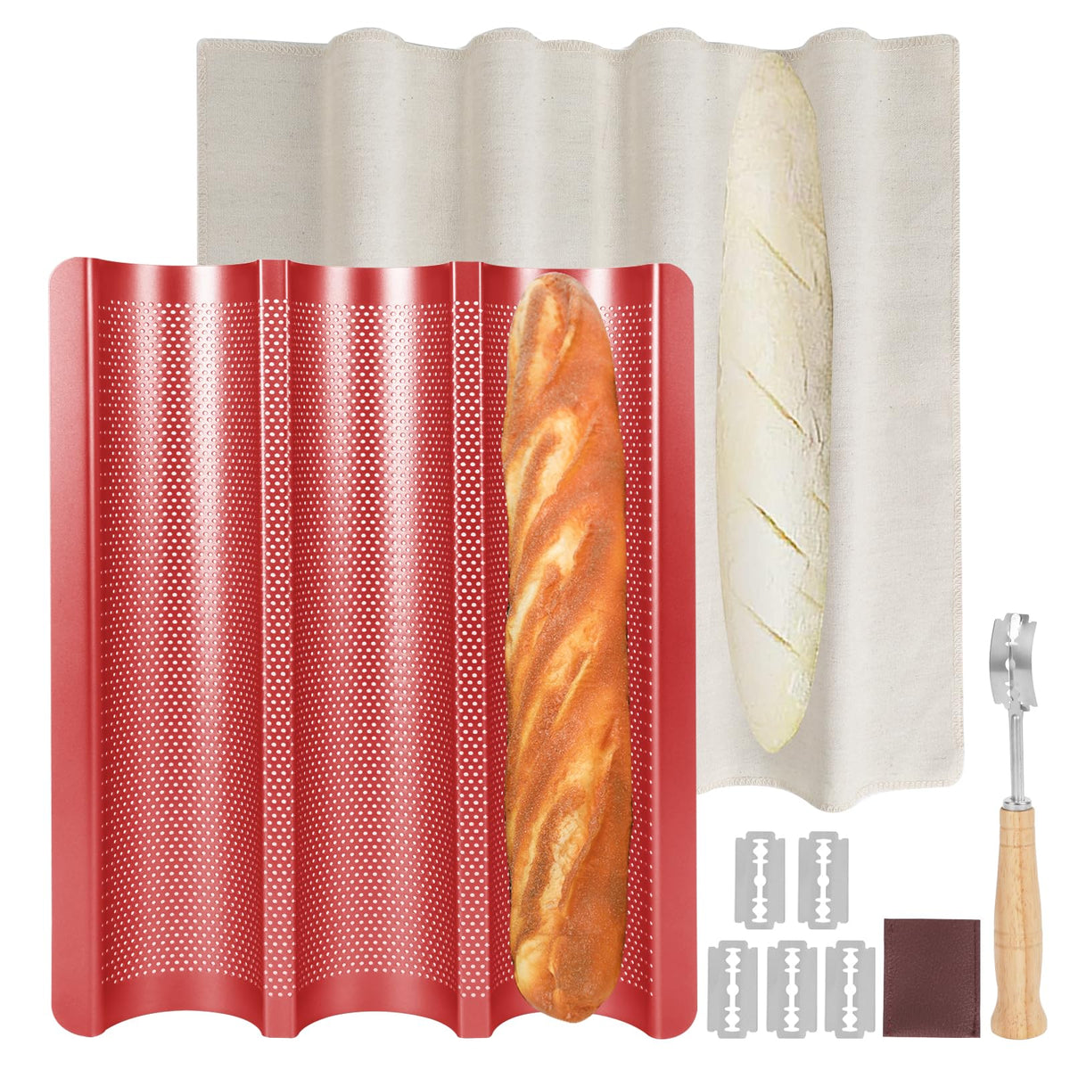 Barlket perforated baguette pan red outer view showing durable build and grip