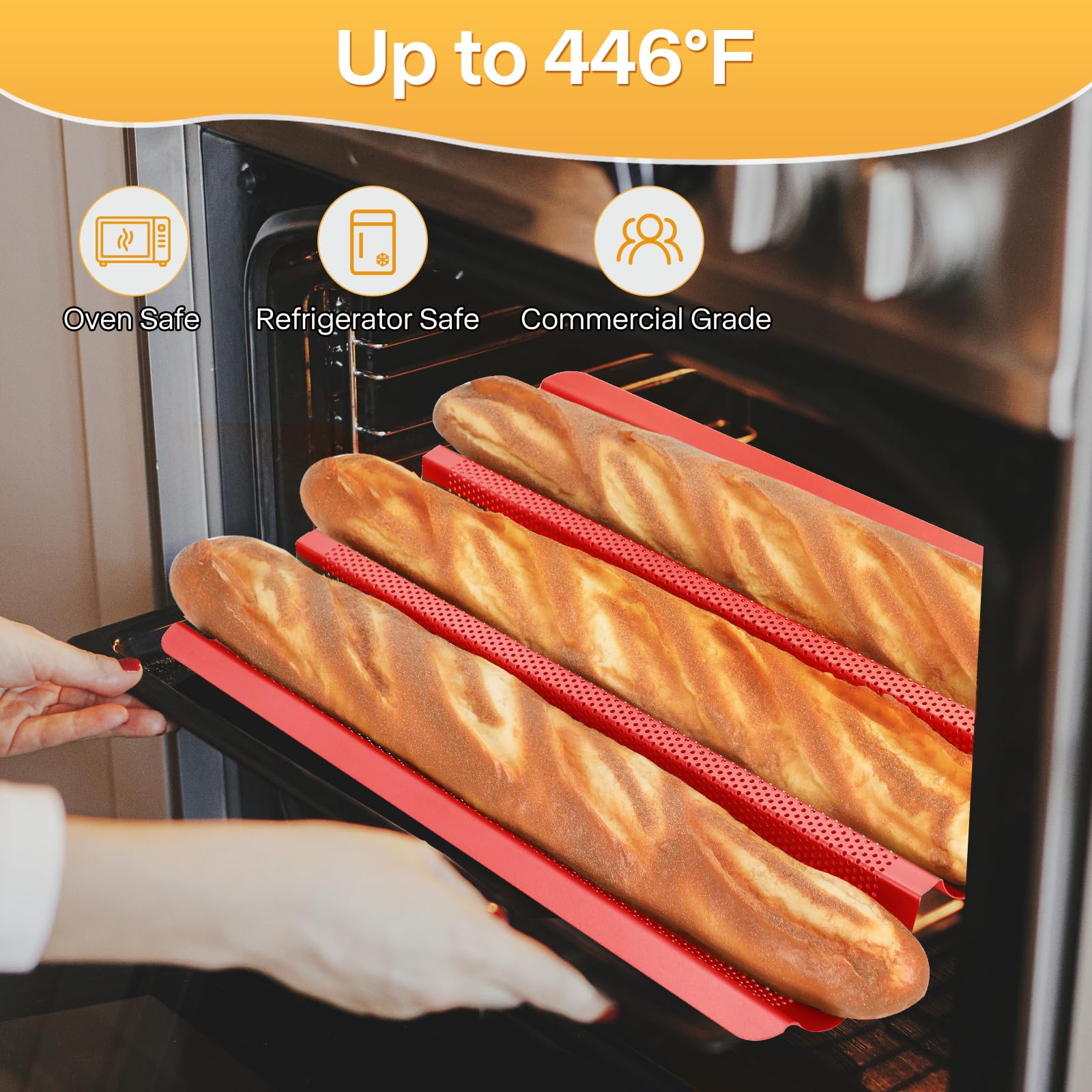 Barlket perforated baguette pan red top view, three-slot layout for baguettes