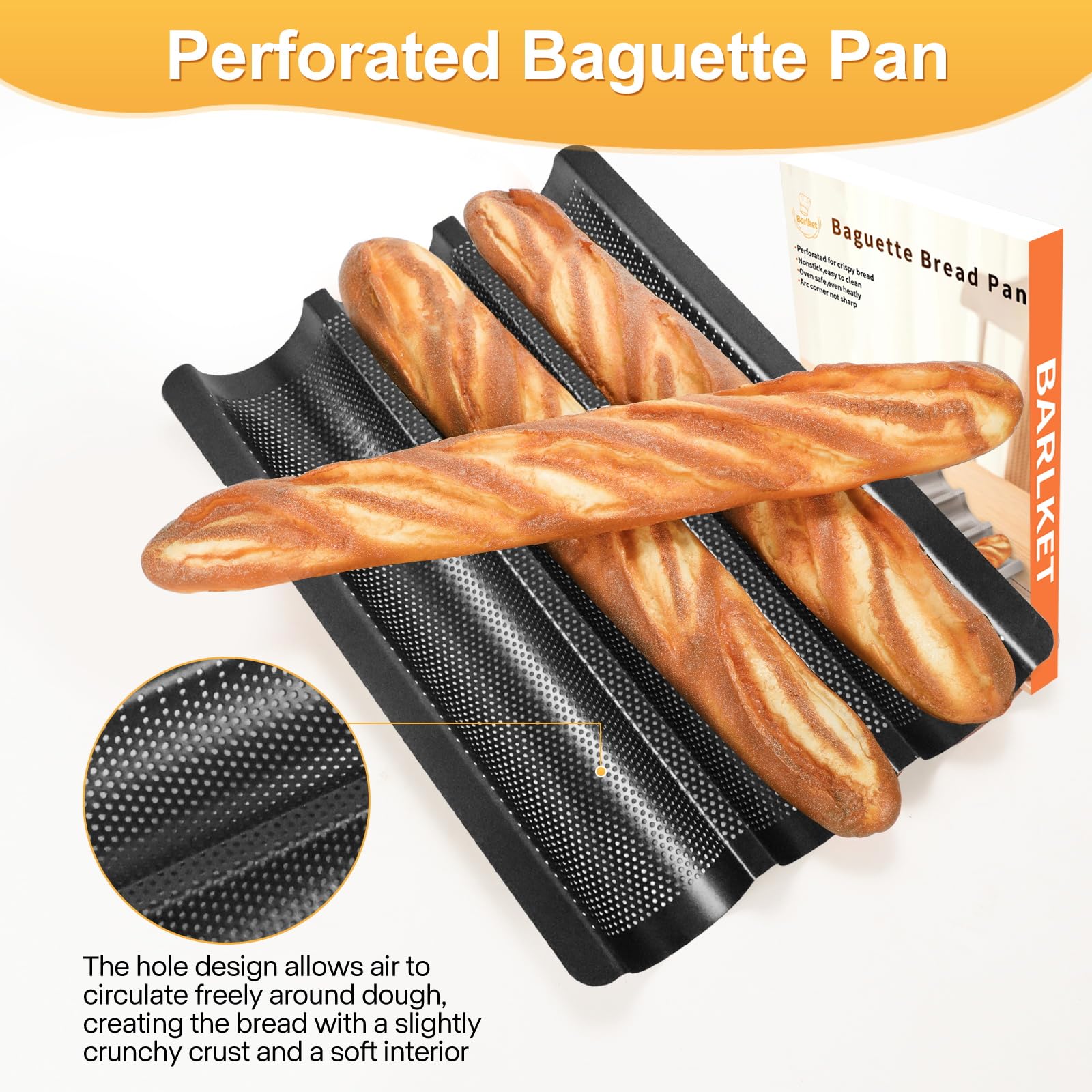 Barlket perforated base for baguette pan promoting air flow and crust