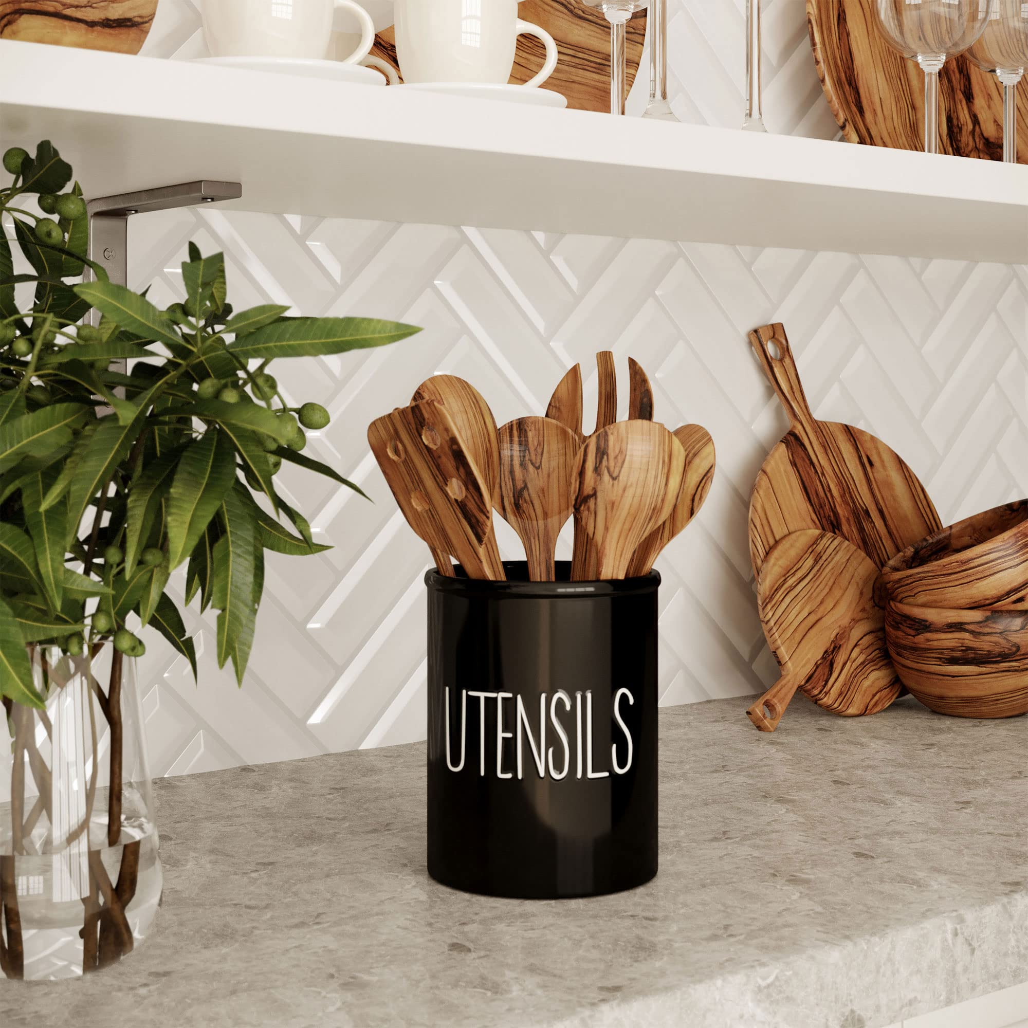 Barnyard Designs black ceramic utensil holder close-up highlights rustic finish for style.