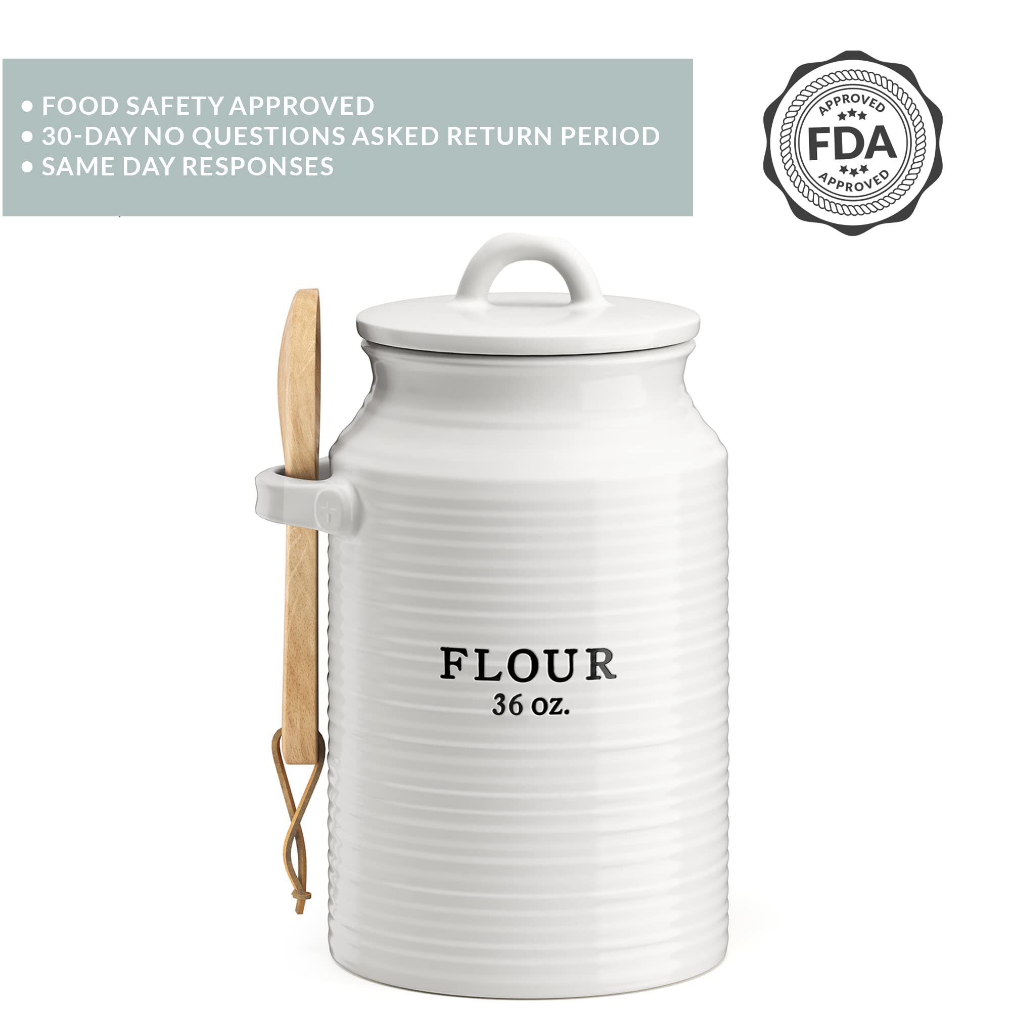 Barnyard Designs canister with scoop for easy flour measuring.