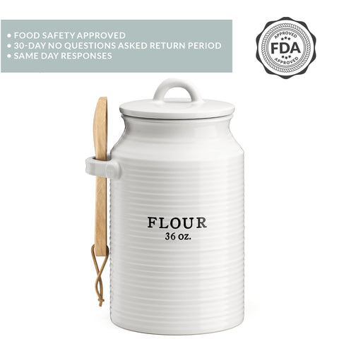 Barnyard Designs canister with scoop for easy flour measuring.