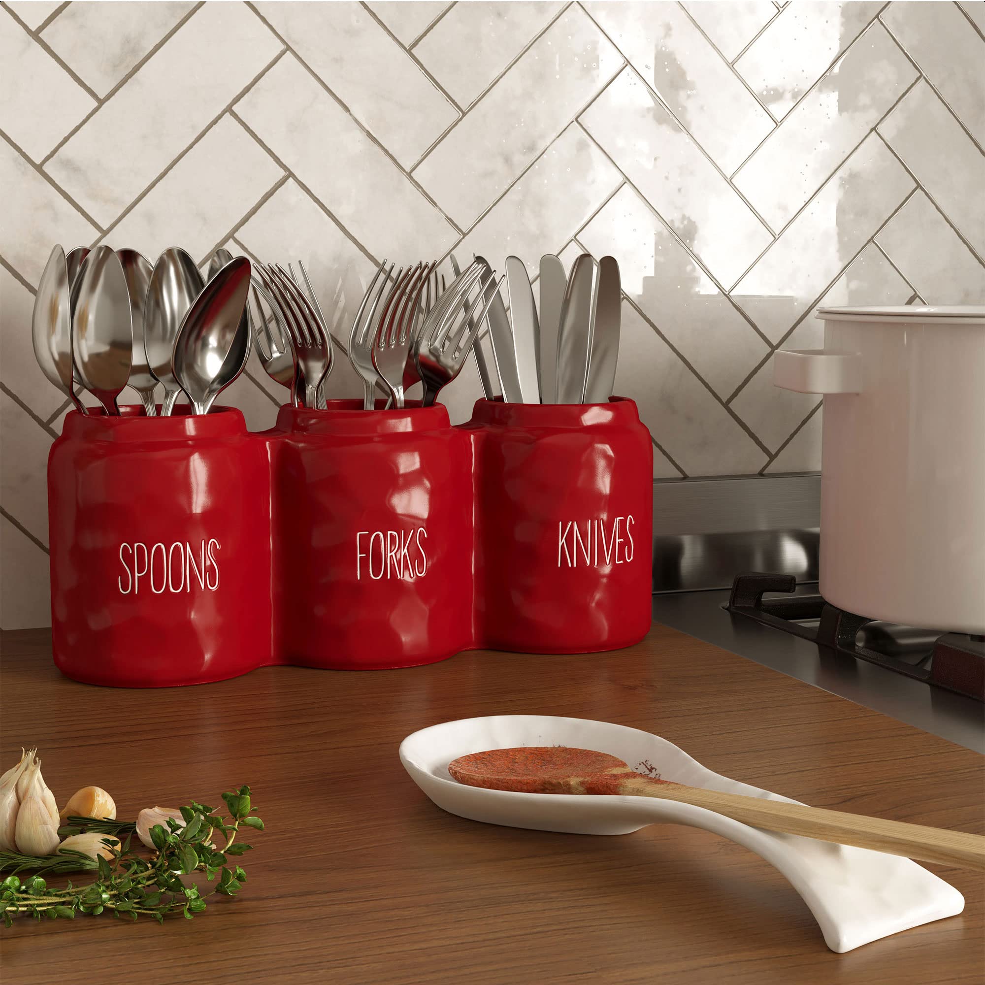 Bold red accent offers stylish counter appeal and easy reach.