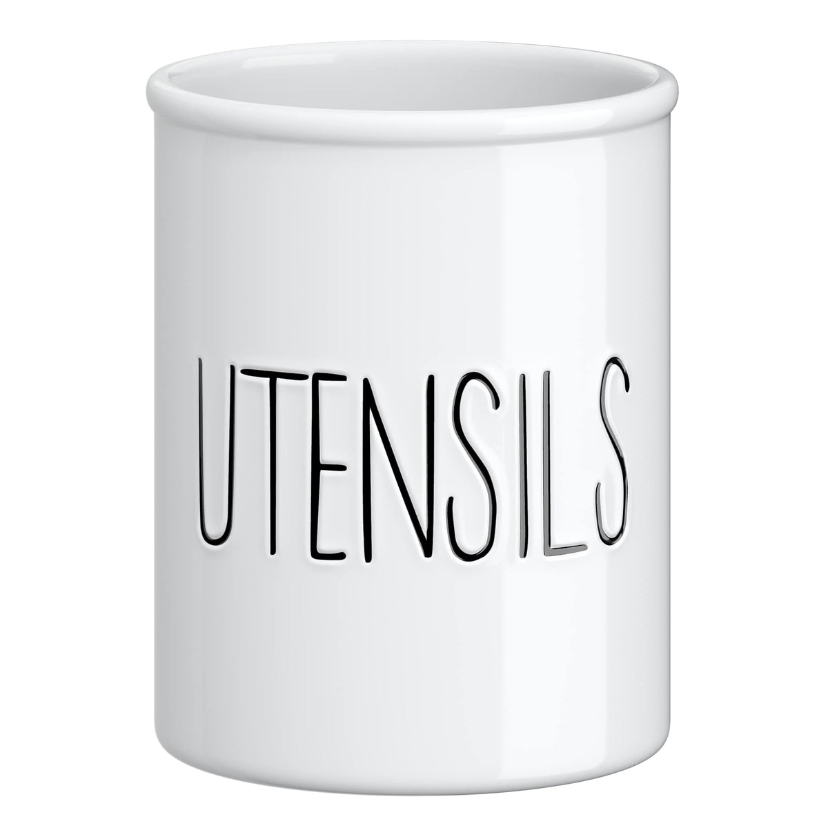 Barnyard Designs ceramic farmhouse utensil holder on counter for organized cooking tools.