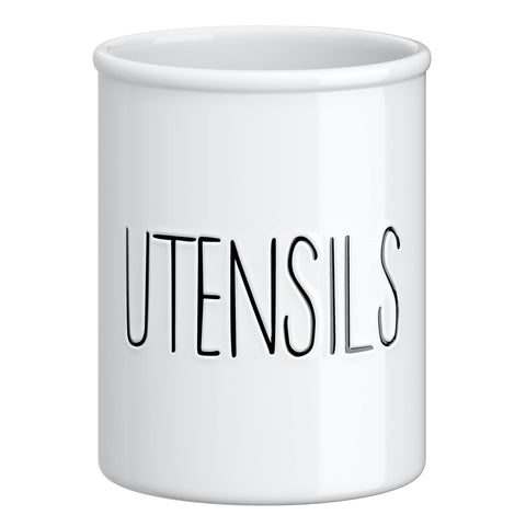 Barnyard Designs ceramic farmhouse utensil holder on counter for organized cooking tools.