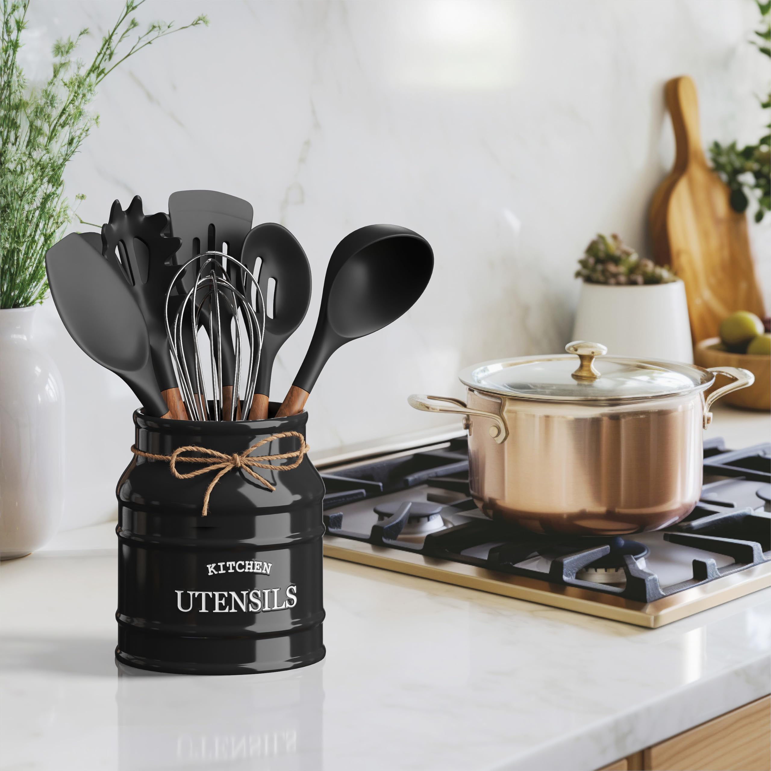 Barnyard Designs ceramic utensil holder close-up showing rustic stone finish.