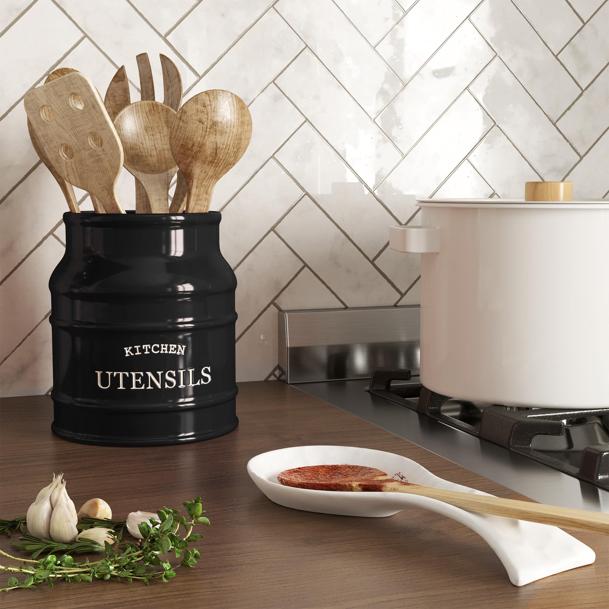 Barnyard Designs 6.75-inch ceramic utensil holder with a 5-inch top.