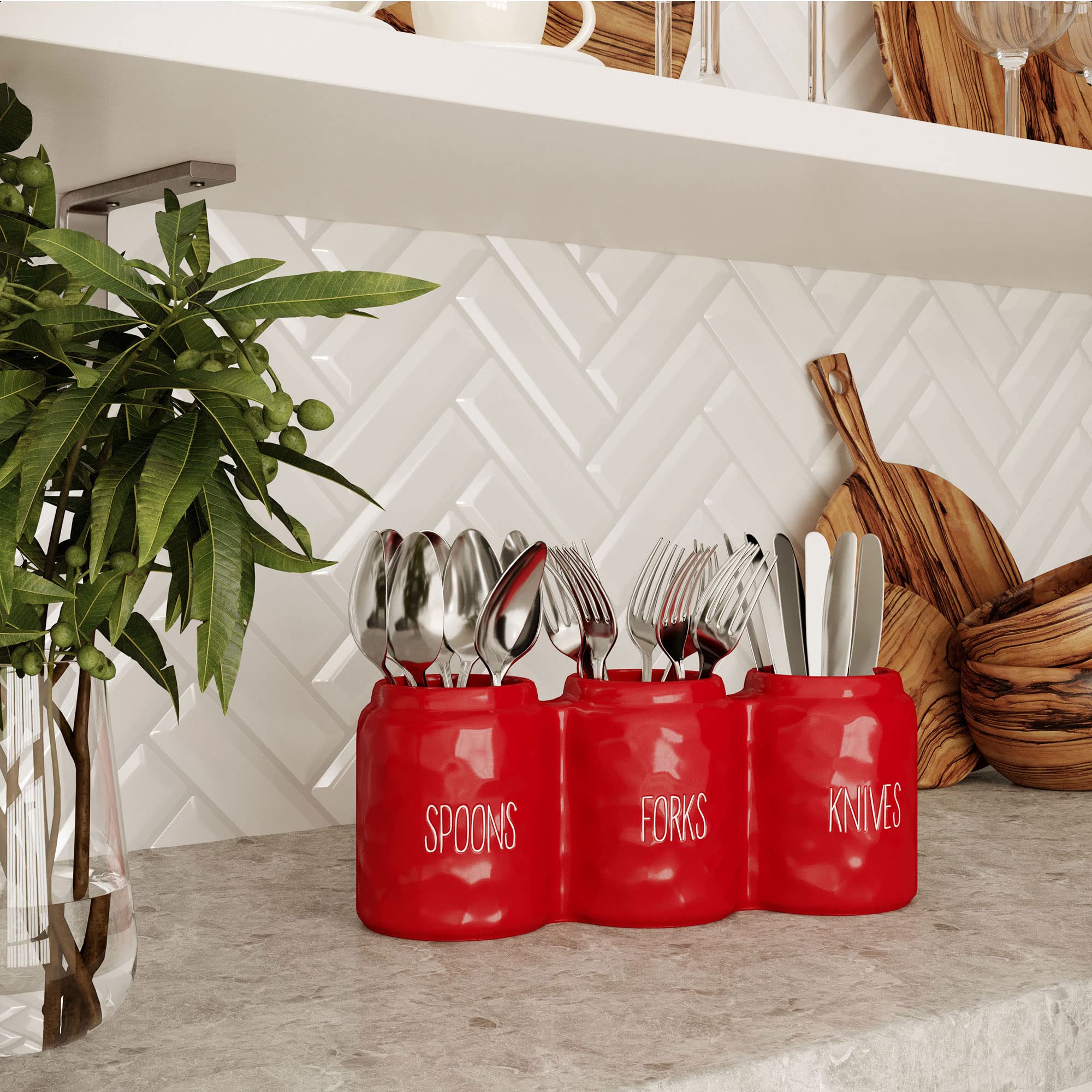 Barnyard Designs three-compartment organizer keeps forks, spoons, and knives neatly separated.
