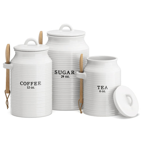 Barnyard Designs coffee tea sugar canister set on a kitchen counter for organized storage