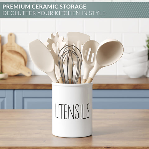 Barnyard Designs countertop storage solution in white ceramic for utensils.