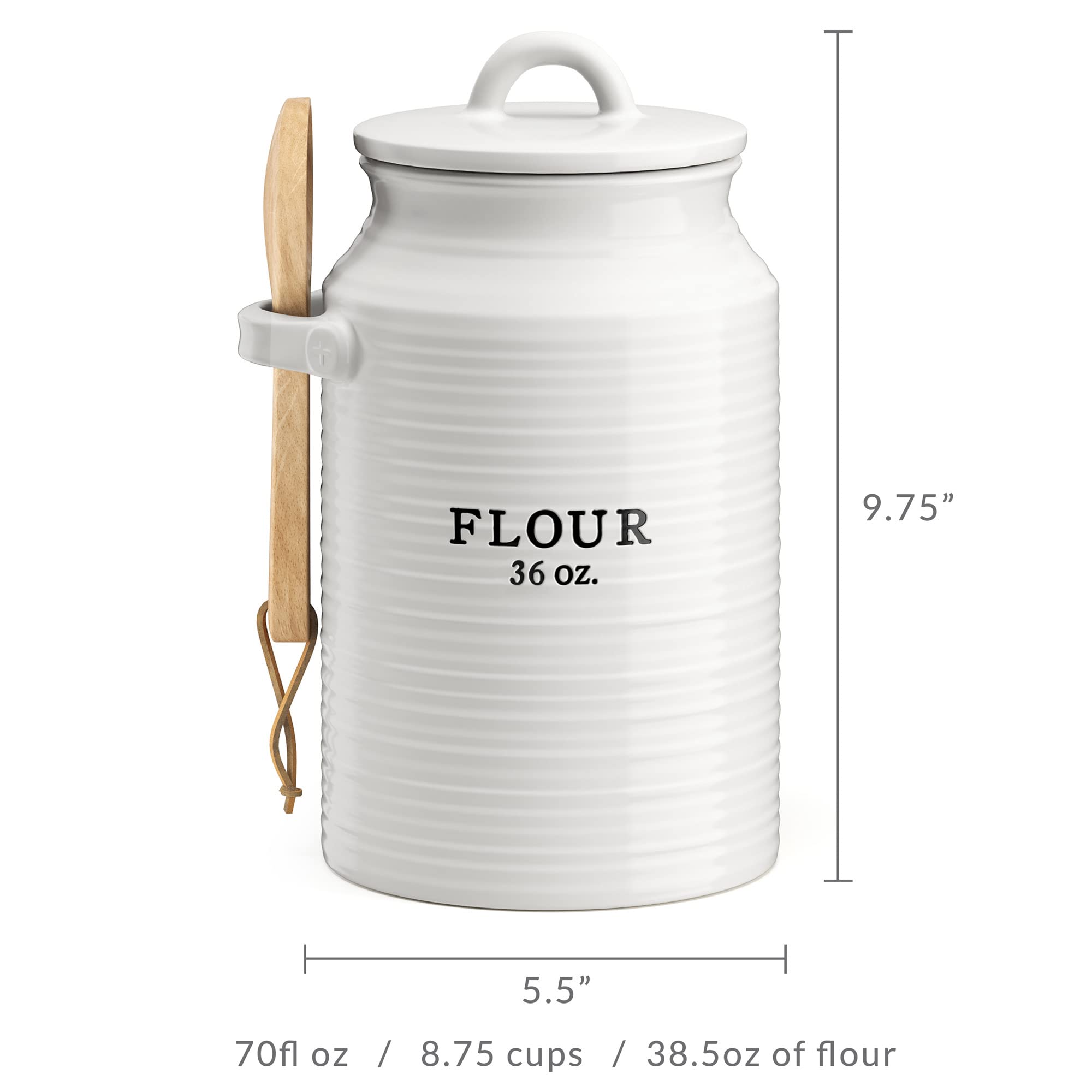 Barnyard Designs canister measures 5.5 by 5.5 by 9.75 inches for compact countertop use.