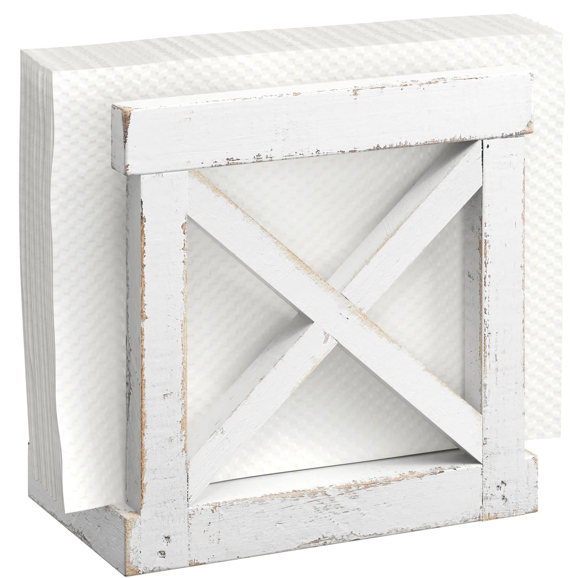 Barnyard Designs farmhouse napkin holder on table adds rustic charm and easy napkin access.
