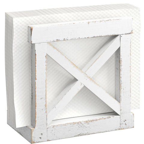 Barnyard Designs farmhouse napkin holder on table adds rustic charm and easy napkin access.