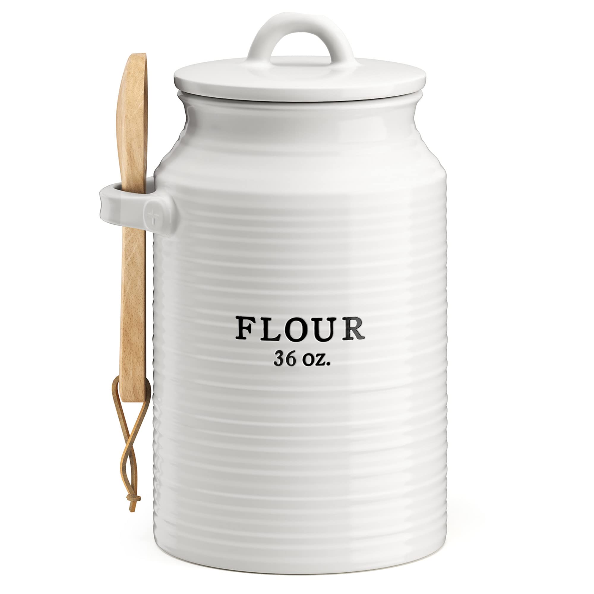 Barnyard Designs flour canister on counter offers stylish storage and freshness.