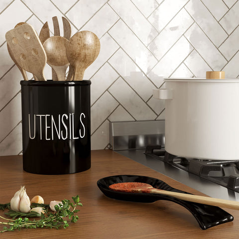 Barnyard Designs large ceramic utensil crock with rustic finish for durability.