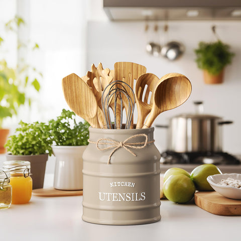Barnyard Designs large rustic utensil crock taupe enhances organization and easy access.