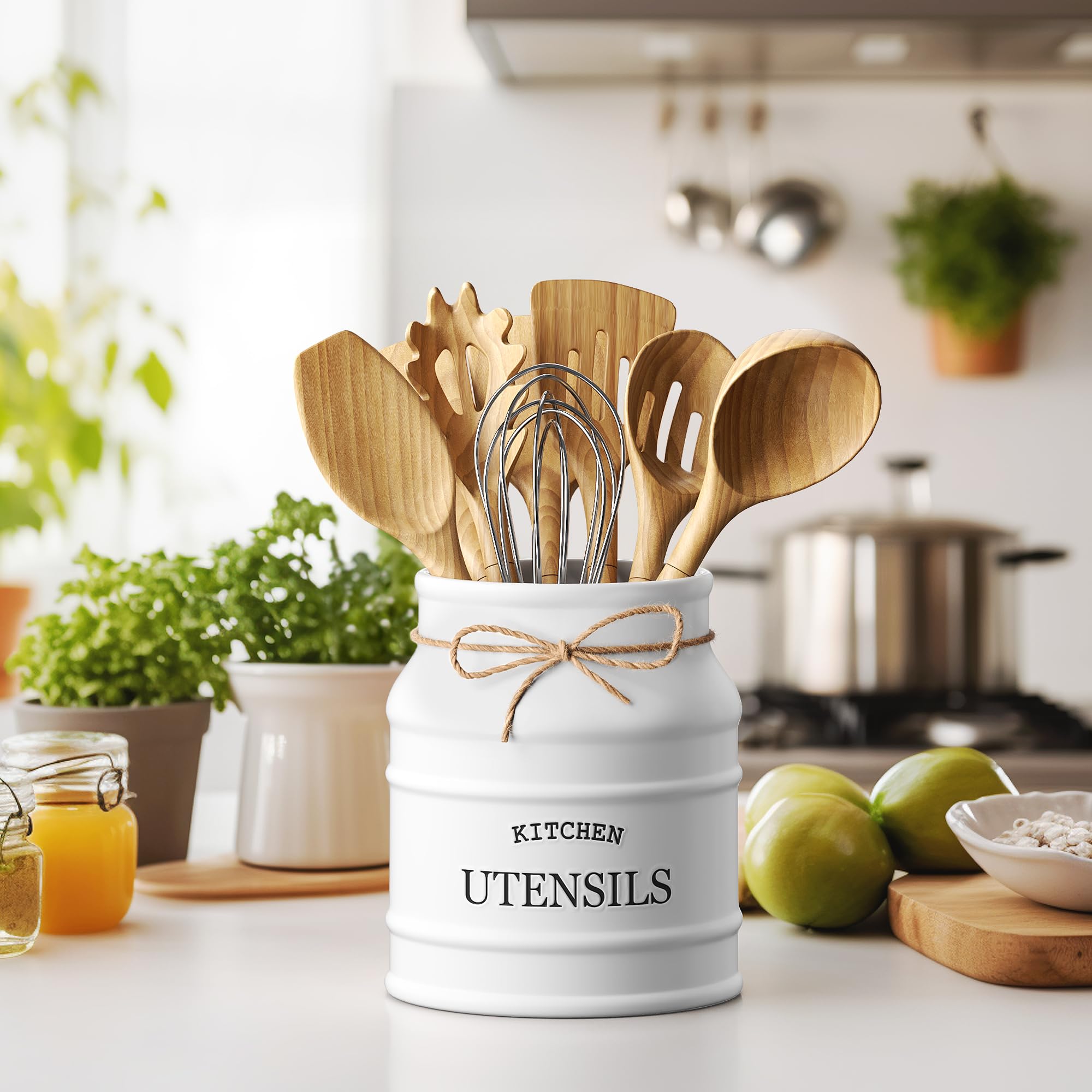Barnyard Designs large rustic utensil crock in white enhances kitchen decor while organizing tools
