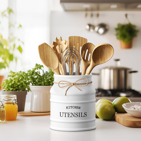 Barnyard Designs large rustic utensil crock in white enhances kitchen decor while organizing tools