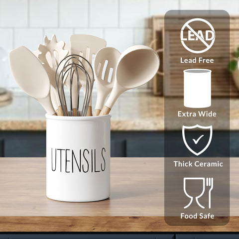 Large capacity Barnyard Designs utensil crock for spatulas and spoons on display.