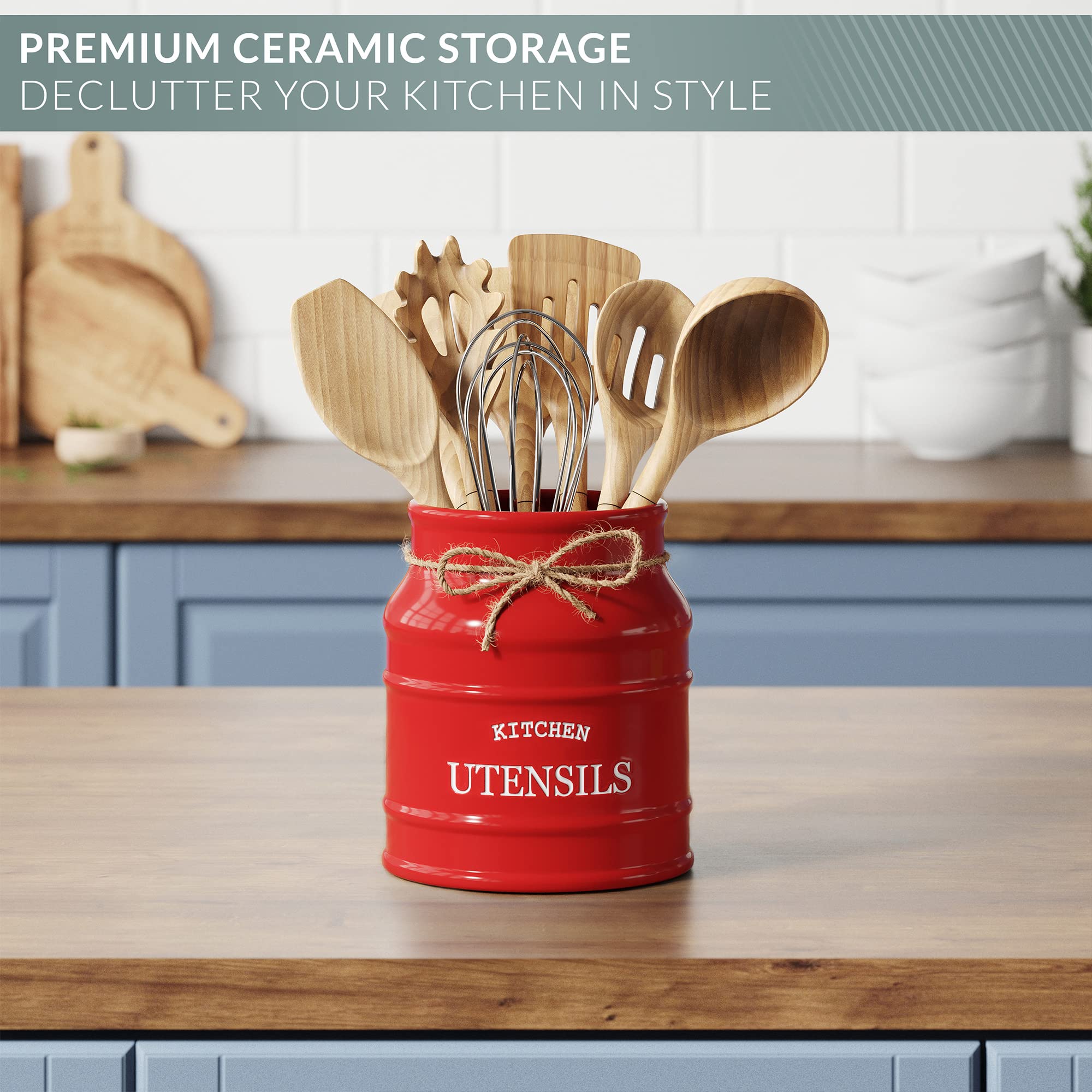 Barnyard Designs ceramic utensil holder close-up, shows porcelain-like glaze and rustic texture.