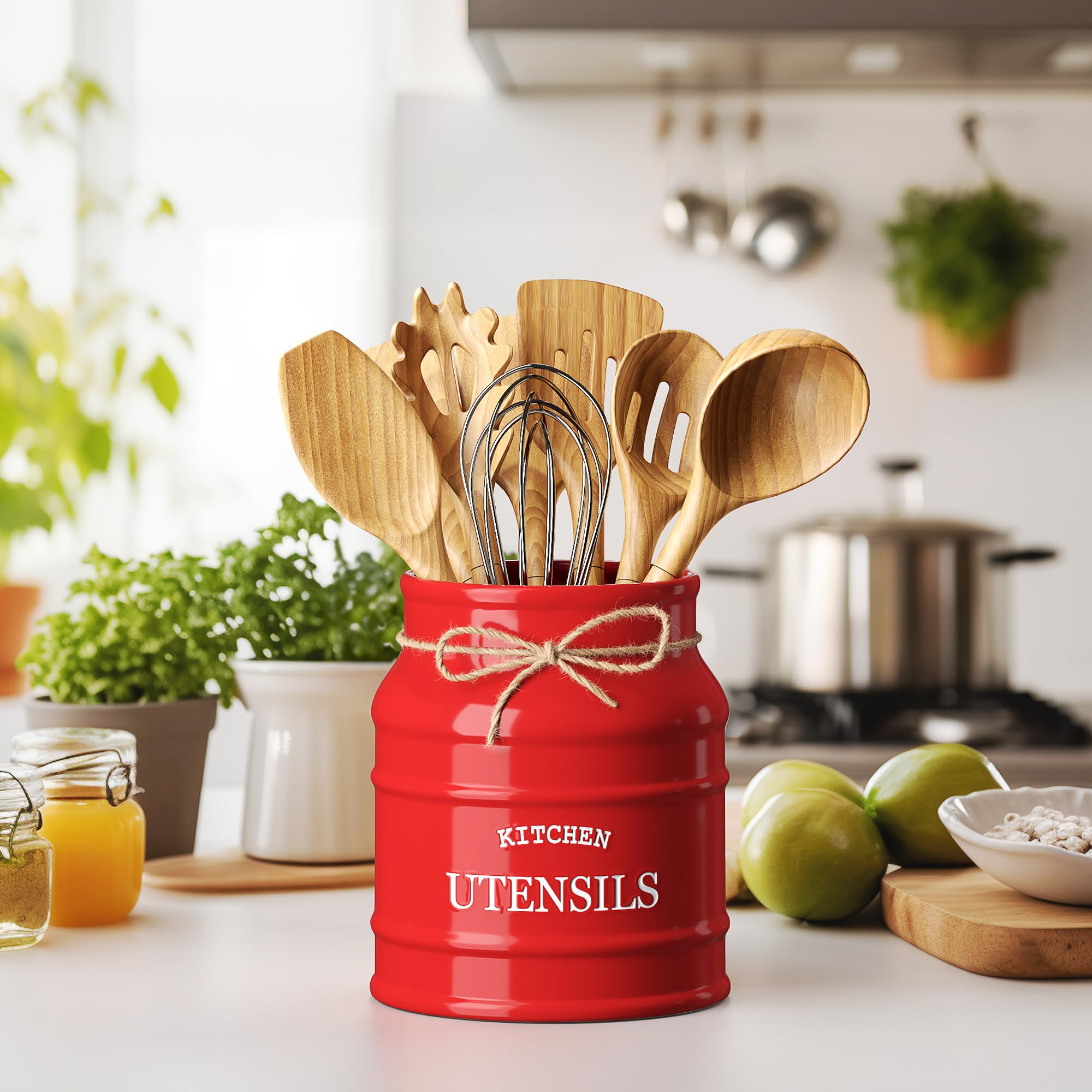 Barnyard Designs ceramic utensil holder, side view, adds rustic charm while organizing everyday tools.
