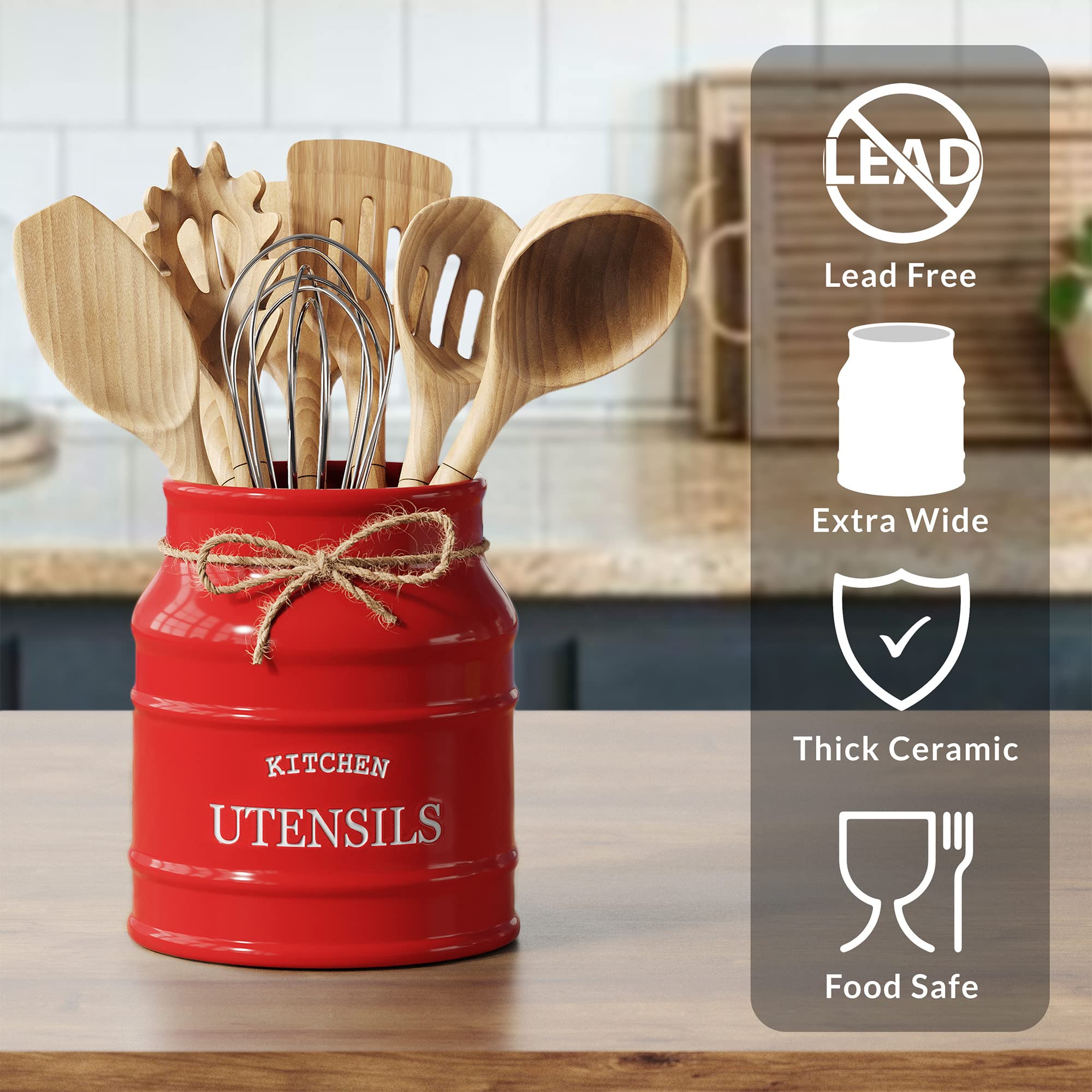Barnyard Designs red utensil holder, top opening view, spacious enough for whisk and ladle storage.