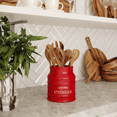 Barnyard Designs red farmhouse utensil crock complements country décor and simplifies cooking prep.