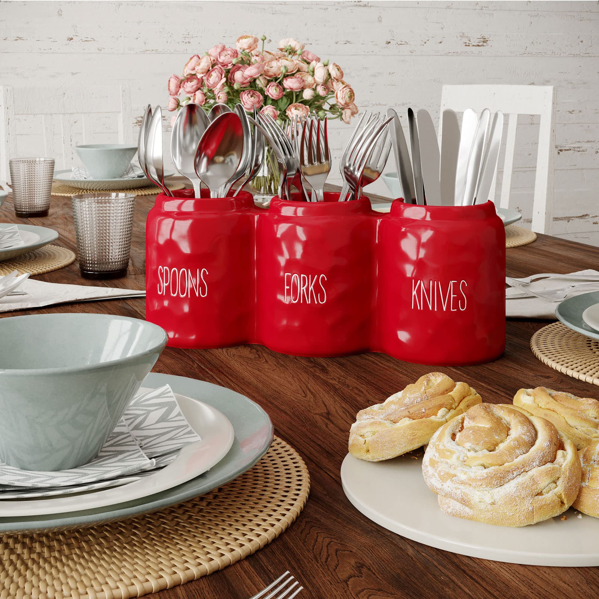 Barnyard Designs red caddy featuring three compartments for organized flatware.