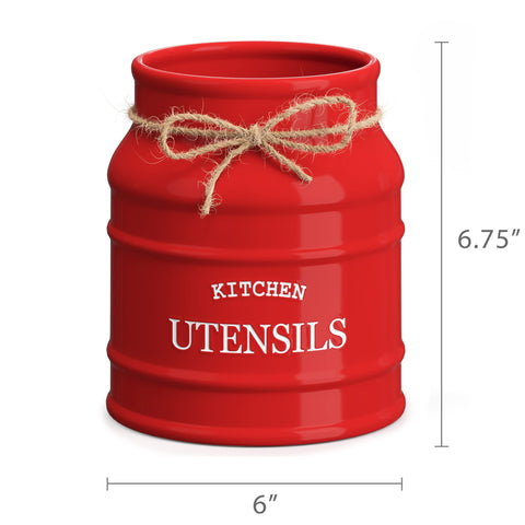 Barnyard Designs red ceramic utensil holder with porcelain-like finish for a durable, stylish touch.