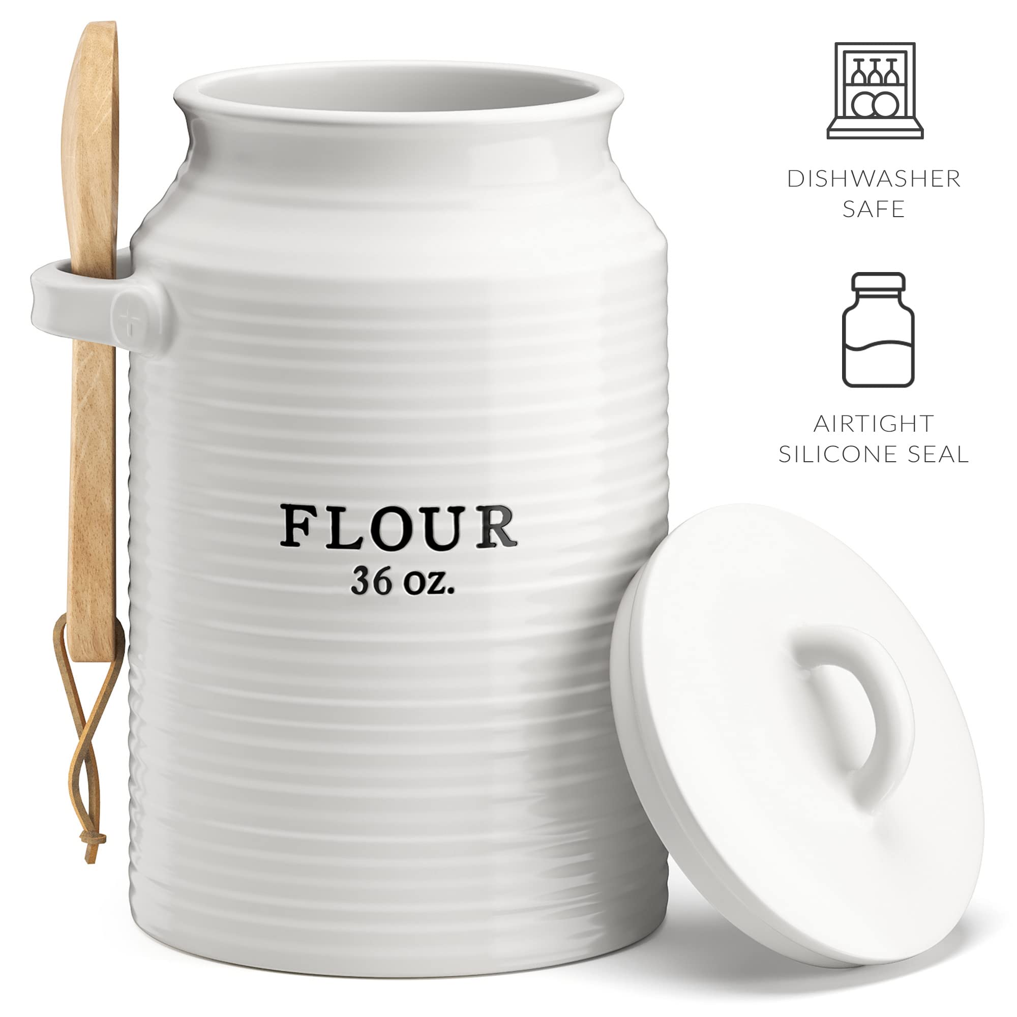 White ceramic flour container with wood accent by Barnyard Designs.