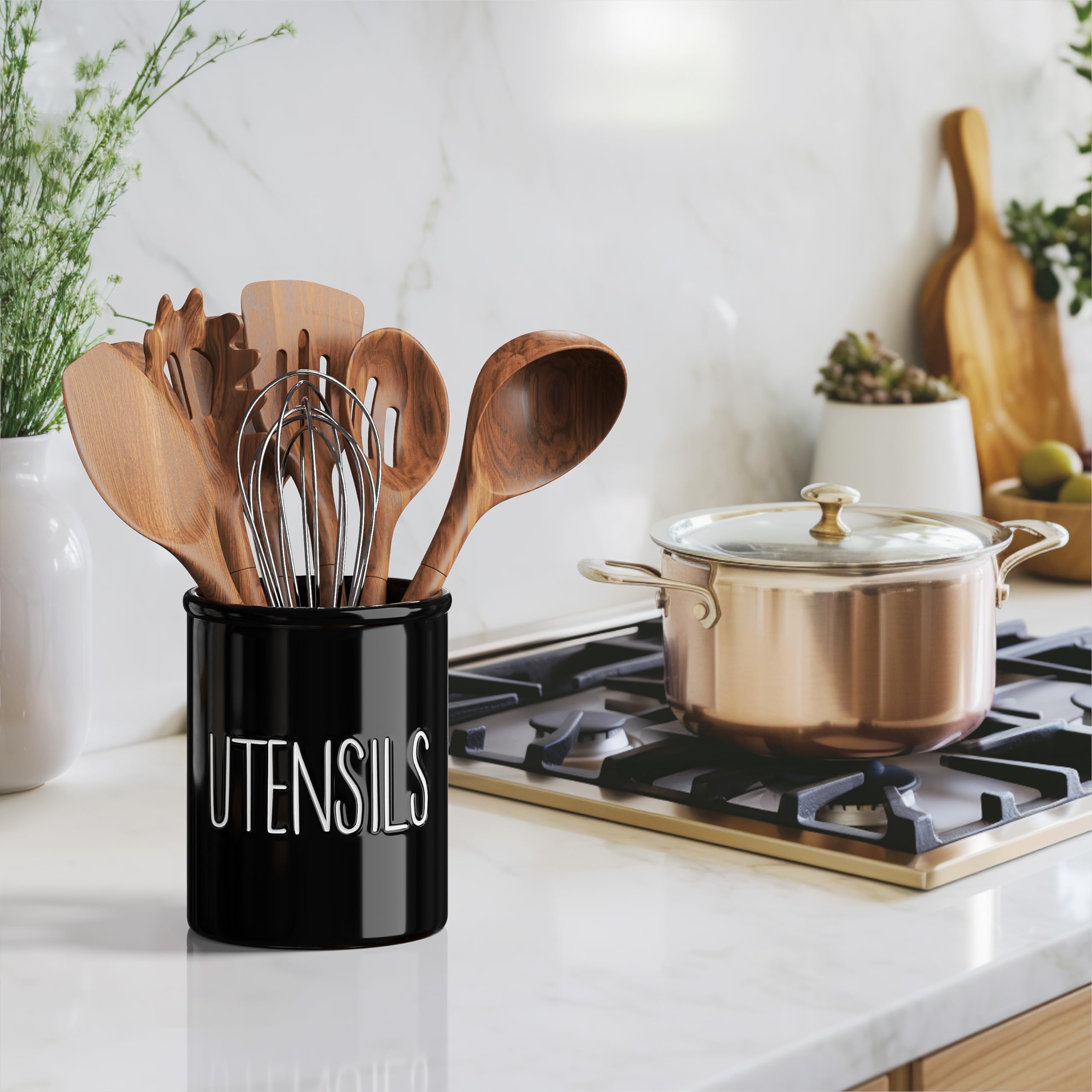 Barnyard Designs spatula holder on counter for handy utensil access.