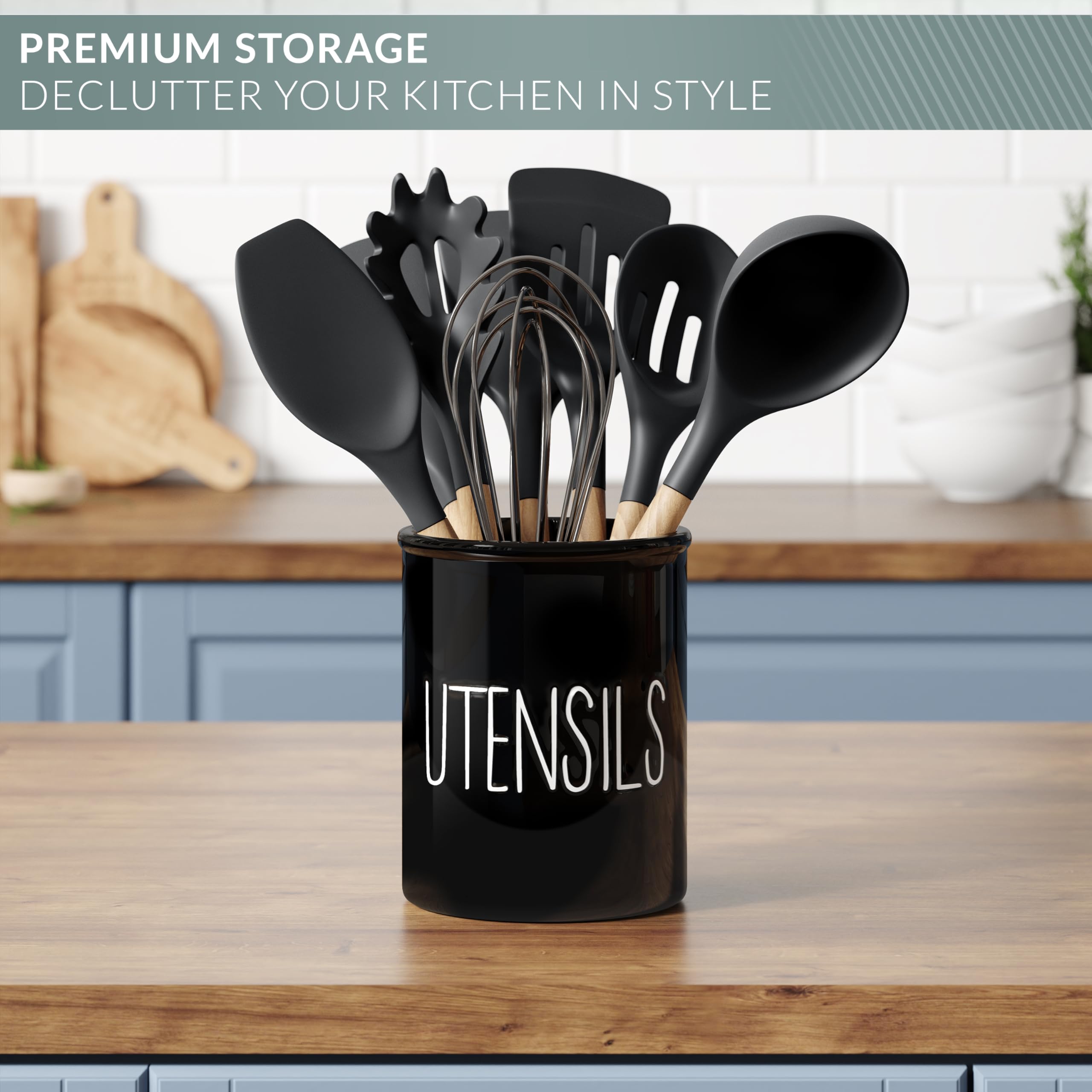 Barnyard Designs spoons and whisks in utensil crock ready for daily cooking.