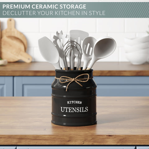 Barnyard Designs vintage kitchen decor idea featuring this black utensil holder.