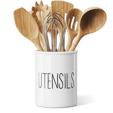 Closeup of Barnyard Designs utensil holder showcasing smooth glaze and finish.