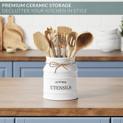 Barnyard Designs white utensil holder shown in closeup highlights ceramic glaze