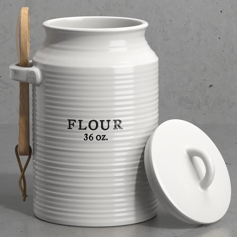 Wood-accent ceramic canister suited for farmhouse kitchens.