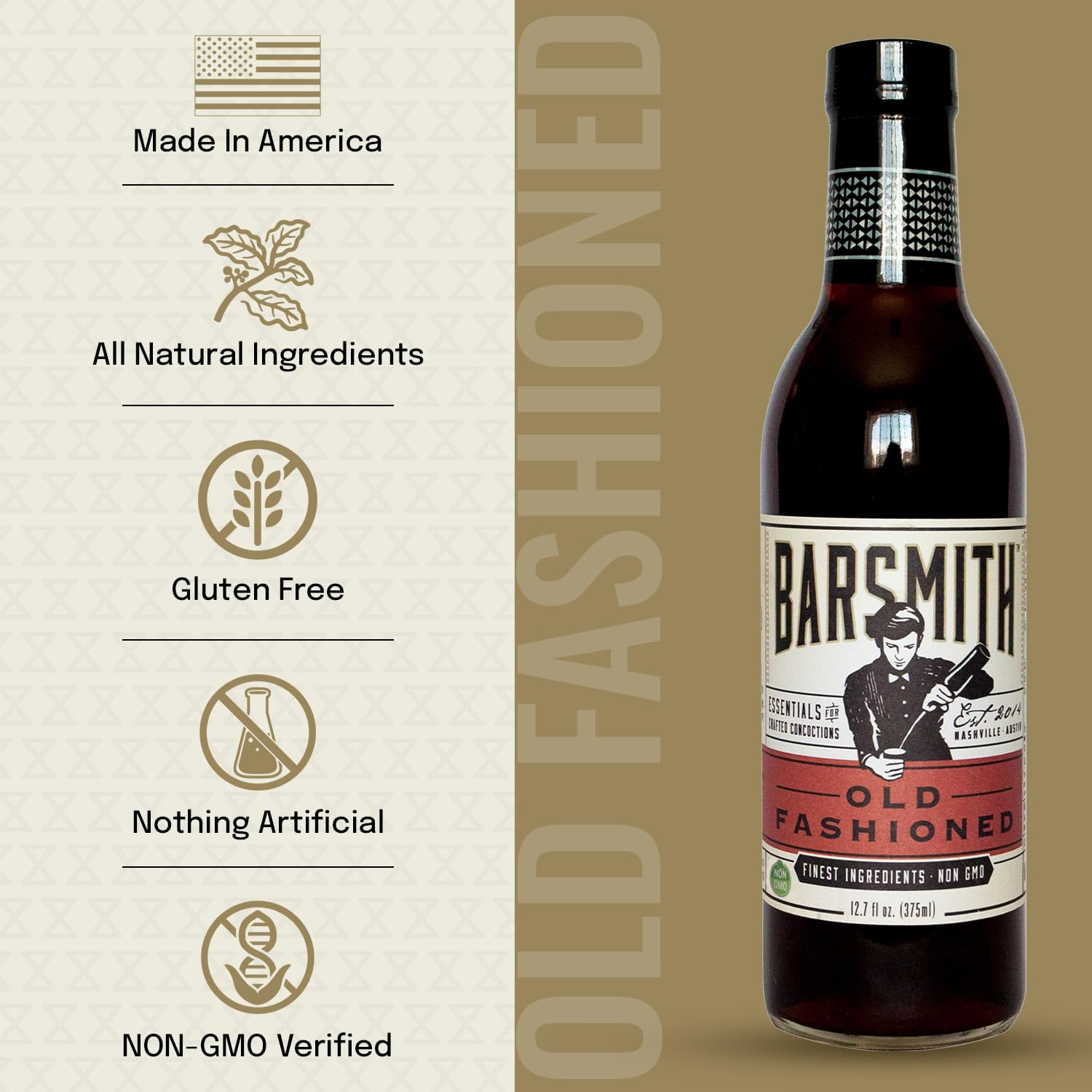 Barsmith Old Fashioned Mix on kitchen cabinet display, premium non-GMO mixer for bourbon nights.