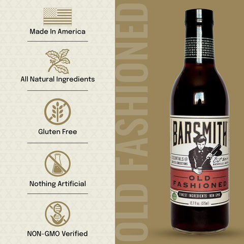 Barsmith Old Fashioned Mix on kitchen cabinet display, premium non-GMO mixer for bourbon nights.